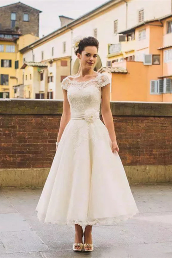 Kateprom Chic Tea Length Wedding Dresses A line Scoop Lace Romantic Wedding Dress KPW0638