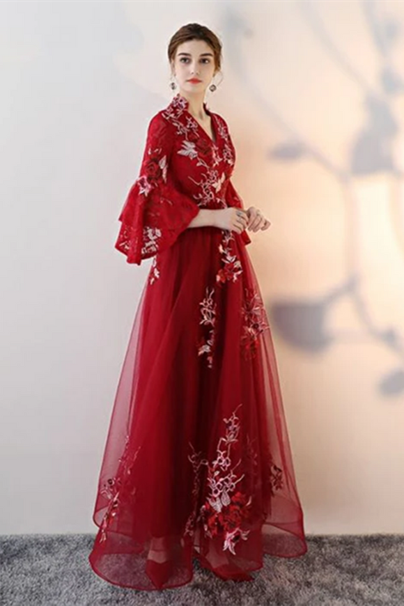 Kateprom A line V neck Chic Tulle Burgundy Applique Long Prom Dress Evening Dress KPP1359