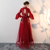 Kateprom A line V neck Chic Tulle Burgundy Applique Long Prom Dress Evening Dress KPP1359