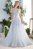 Kateprom 3D Flowers A Line Blue Gray Tulle Long Formal Prom Evening Dress KPP1361