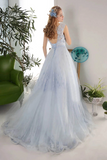 Kateprom 3D Flowers A Line Blue Gray Tulle Long Formal Prom Evening Dress KPP1361