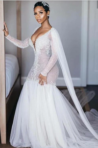 Kateprom Sparkly Long Sleeves Wedding Dresses Romantic Beading Mermaid Bridal Gown Wedding Gown KPW0644