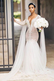 Kateprom Sparkly Long Sleeves Wedding Dresses Romantic Beading Mermaid Bridal Gown Wedding Gown KPW0644