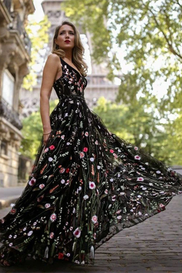 cotton flowy dress Kateprom Exquisite V neck Lace Prom Dresses Long Floral Formal Gowns K –  kateprom