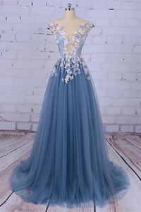 Chic A line Bateau Blue Applique Modest Long Prom Dress Evening Dress KPP1364