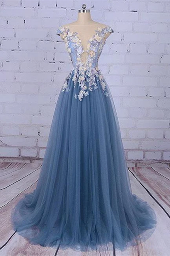 Chic A line Bateau Blue Applique Modest Long Prom Dress Evening Dress kateprom Chic A line Bateau Blue Applique Modest Long Prom Dress Evening Dress kateprom