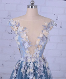 Chic A line Bateau Blue Applique Modest Long Prom Dress Evening Dress KPP1364