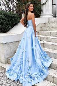 Kateprom 3D Floral Applique Satin Sweetheart Sky Blue A line Long Prom Dresses KPP1366