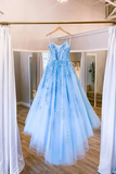 Kateprom Blue Tulle Long Backless A Line Prom Dress Evening Dress KPP1368