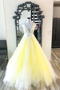 Kateprom Yellow V Neck Tulle Lace Long Prom Dress Yellow Formal Dress KPP1370
