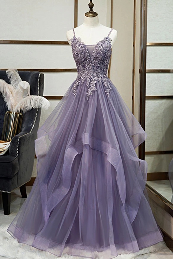 Kateprom A line V neck Purple Tulle Spaghetti Straps Prom Dress With Lace Appliques KPP1372