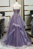 Kateprom A line V neck Purple Tulle Spaghetti Straps Prom Dress With Lace Appliques KPP1372