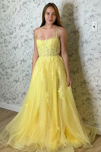 Kateprom A Line Spaghetti Straps Yellow Split Long Prom Dress With Lace Appliques KPP1374