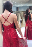 Kateprom Sparkly V Neck A Line Red Spaghetti Straps Prom Dresses with Slit, Evening Dresses KPP1377