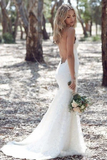 Kateprom Sexy Spaghetti Straps Mermaid Lace Ivory Wedding Dresses V Neck Beach Wedding KPW0651
