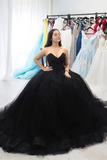 Kateprom Sweetheart Neck Black Tulle Long Prom Dresses,Back Open Long Formal Evening Dresses KPP1378