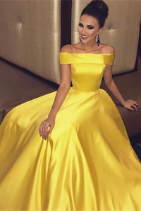 Kateprom Simple Prom Dresses Yellow A line Off the shoulder Cheap Long Prom Dresses, Evening Dress KPP1380
