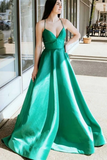 Kateprom Simple V Neck Green Satin Long Prom Dresses, V Neck Green Formal Graduation Evening Dresses KPP1386