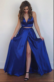 Kateprom Cute Two Piece Floor Length Royal Blue Prom Dresses With Front Split KPP1388
