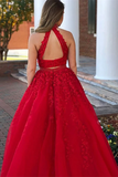 Kateprom Delicate Halter Beaded Satin 2 Pieces A line Prom dresses With Appliques KPP1389