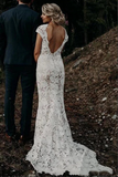 Kateprom Ivory Lace Mermaid Cap Sleeves Long Wedding Dresses, Bridal Dresses KPW0658