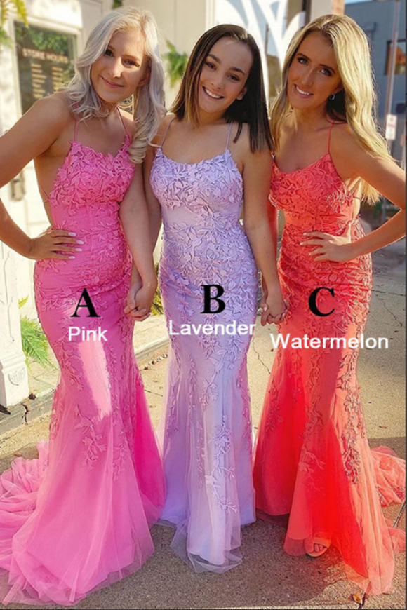 Kateprom Tulle Mermaid Spaghetti Straps Backless Prom Dress With Lace Appliques KPP1390