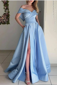 Kateprom Stunning Sky Baby Blue off the Shoulder Pocket A Line Satin Prom Long Graduation Party Dress KPP1393