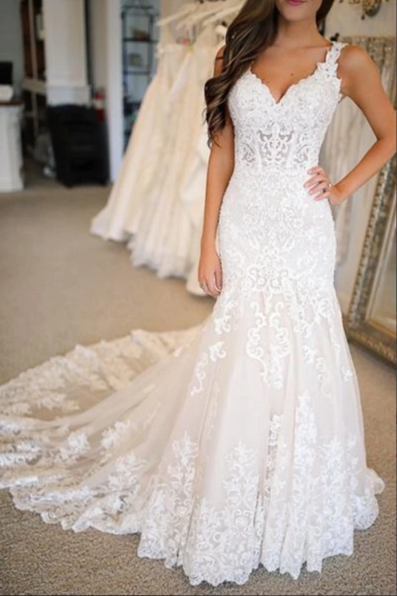 Kateprom Fabulous Open Back Lace Mermaid V neck Long Wedding Dresses Bridal Gowns KPW0660