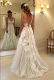 Kateprom Fabulous Tulle A line V neck Floor Length Lace Wedding Dresses With Appliques KPW0661