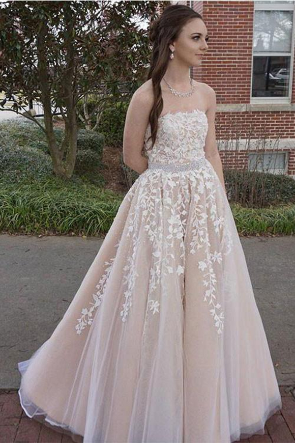 Kateprom Princess A line Strapless Tulle Long Prom Dress with Lace Appliques Wedding Dress KPW0662