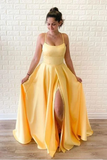Kateprom Yellow Sleeveless Split Long Prom Dresses, Sweep Train Evening Dress KPP1394