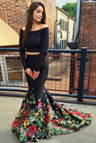 Kateprom A Line Off the Shoulder Two Piece Long Sleeve Satin Floral Scoop Long Prom Dresses KPP1395