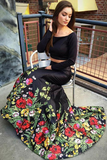 Kateprom A Line Off the Shoulder Two Piece Long Sleeve Satin Floral Scoop Long Prom Dresses KPP1395