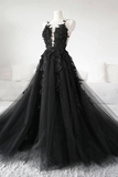 Kateprom Black Lace Tulle Long Prom Gown Black Evening Dress KPP1398