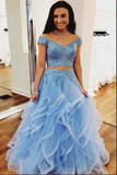 Kateprom Blue Tulle Off Shoulder Two Piece Prom Dresses Lace Formal Dresses KPP1399