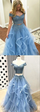 Kateprom Blue Tulle Off Shoulder Two Piece Prom Dresses Lace Formal Dresses KPP1399