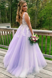 Kateprom Lilac A line V neck Evening Dress, Long Prom Dresses With Appliques KPP1400