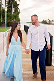 Kateprom Thigh Split Sky Blue Rustic Wedding Dresses Beach Wedding Gown with Court Train KPW0665