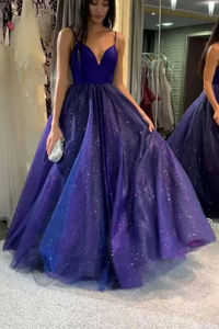 Kateprom Shiny V Neck Spaghetti Straps Long Prom Dresses, Bling Bling A Line Formal Evening Dresses KPP1402