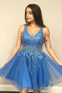 Kateprom A line V neck Blue Short Prom Dress Homecoming Dress With Appliques KPH0551