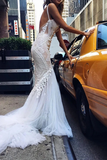Kateprom Luxurious Ivory Tulle Lace Mermaid Deep V Neck Wedding Dresses KPW0667