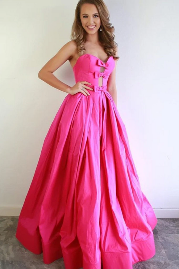 Kateprom A Line Strapless Hot Pink Satin Long Prom Dresses With Bowknot, Formal Evening Dresses KPP1403