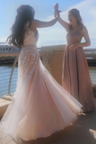 Kateprom A Line V Neck Pink Lace Long Prom Dress with Belt, Pink Lace Formal Dress, Pink Evening Dress KPP1404