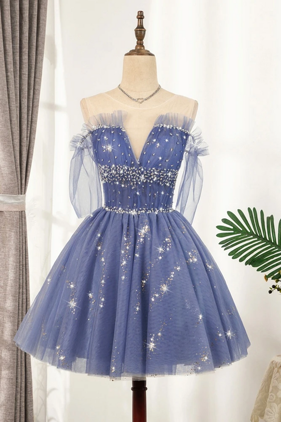Kateprom Flowy Cute A line Blue Homecoming Dresses Short Beading Prom Dress KPH0553