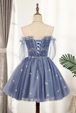 Kateprom Flowy Cute A line Blue Homecoming Dresses Short Beading Prom Dress KPH0553
