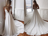 Kateprom White Chiffon A-line V-neck Lace Spaghetti Straps Sweep Train Wedding Dress KPW0670