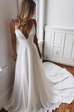 Kateprom White Chiffon A-line V-neck Lace Spaghetti Straps Sweep Train Wedding Dress KPW0670