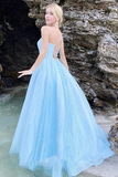 Kateprom Shiny Sky Blue Spaghetti Straps Prom Dresses, Criss Cross Back A Line Formal Evening Dresses KPP1408