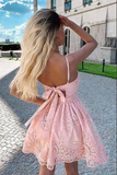 Kateprom Blush Pink Lace A line V neck Spaghetti Straps Homecoming Dresses KPH0556