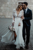Kateprom Floor Length Long Sleeves Sheer Neck Split Appliques Chiffon Beach Wedding Dress KPW0675